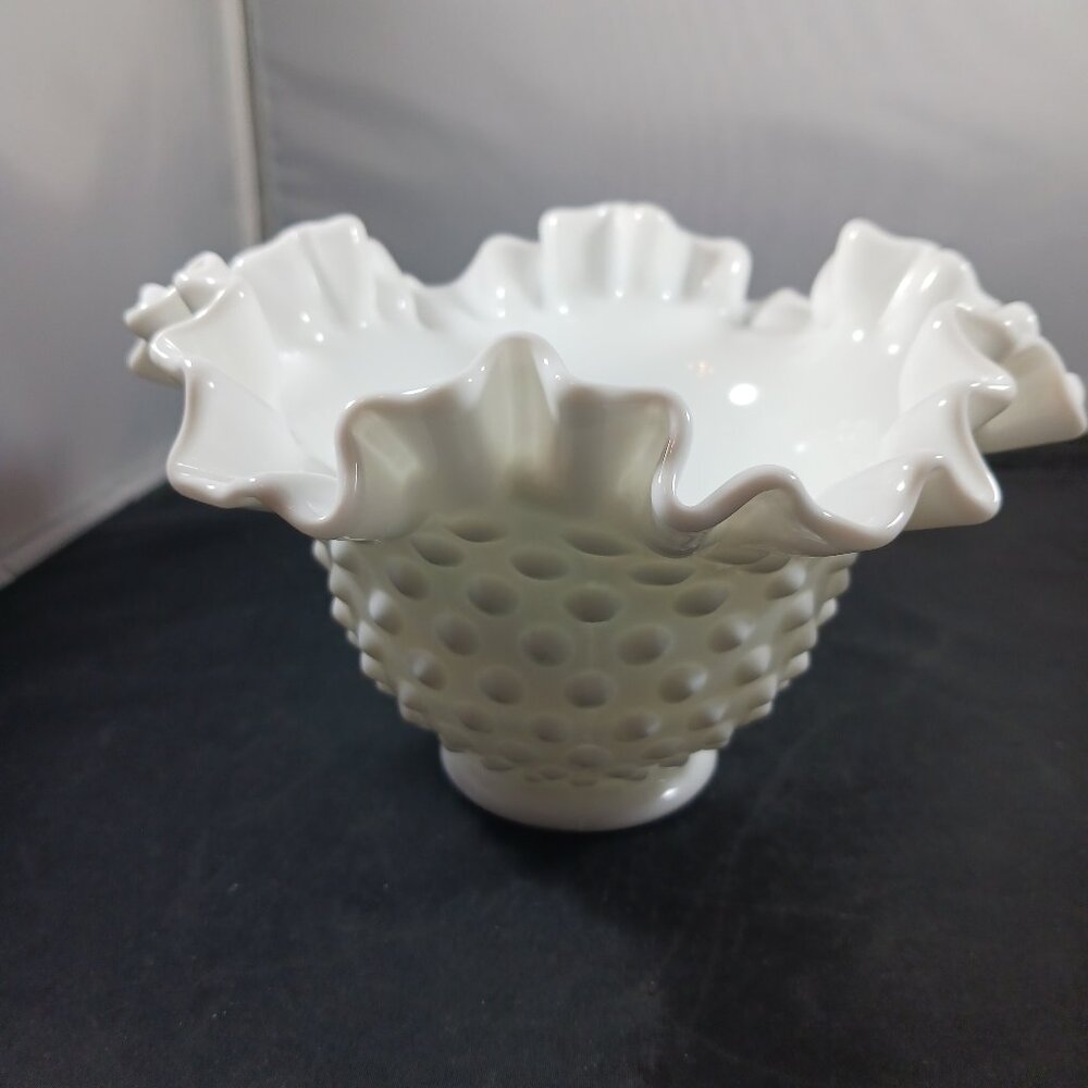 6" Fenton Hobnail Milk Glass Round Crimped Ruffle Bowl Vase